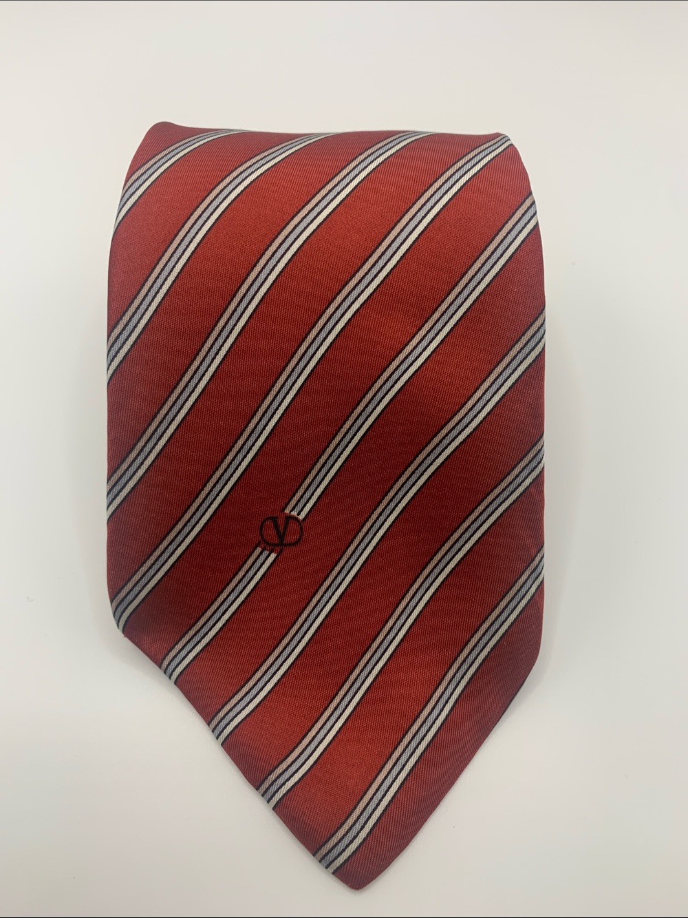 Vintage Valentino Red Diagonal Stripe Silk Tie with White and Gray Accents